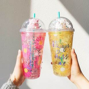 可爱羊驼吸管杯双层制冷创意夏日冰杯加厚少女心学生办公塑料水杯