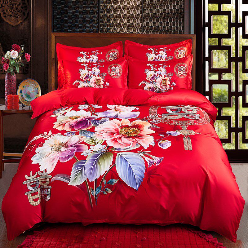 奢华婚庆大红四件套欧式全棉大红色床单被套结婚床上用品,床上用品,婚庆床品套件,淘宝优惠券,粉丝福利购,淘宝优惠卷
