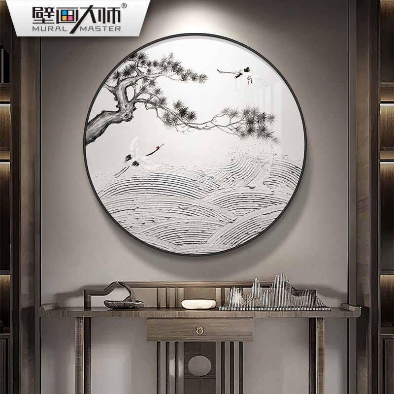 新中式客厅装饰画圆形玄关挂画软装样板房海浪松鹤浮雕画LED带灯图片