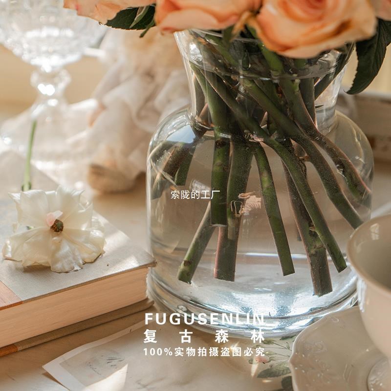 北欧INSd简约欧美田园广口透明玻璃水培干鲜花束插大口径花瓶家居