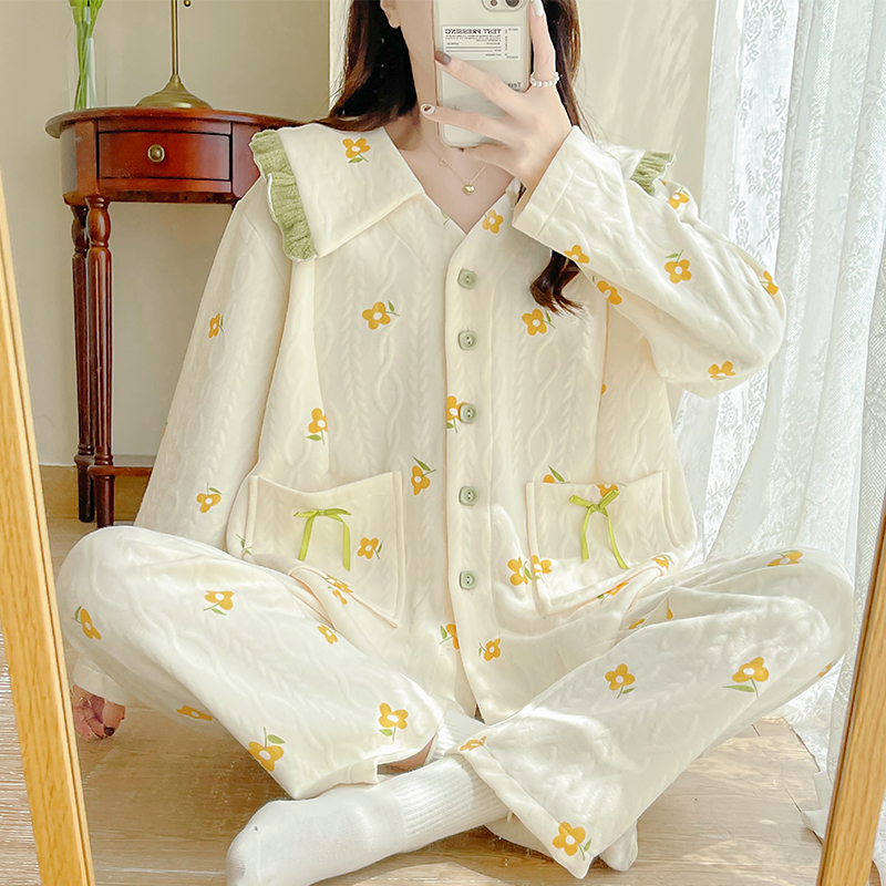 秋冬季纯棉加厚保暖空气棉产後哺乳哺乳月子服春秋孕妇X睡衣10月