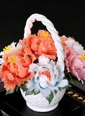 德化陶瓷花篮摆件手工富贵牡丹花小花盆家居客厅办公室装饰品礼品