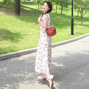收腰修身 法式 新款 茶歇碎花短袖 海边度假风长裙小个子 连衣裙女夏季