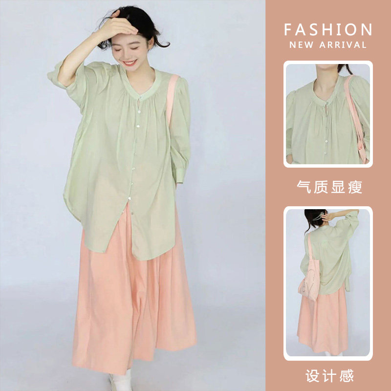 孕妇套装夏装减龄温柔日系棉麻衬衣上衣a字雪纺孕妇半身裙两件套