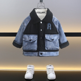 男童加绒牛仔外套秋冬2023新款儿童冬装小童深秋T初冬男宝加厚上