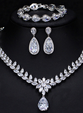超闪新娘结婚V领婚纱晚宴会礼服配饰品奢华锆石项链耳环三件套装