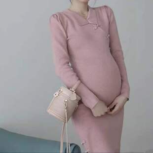 国风复古盘扣旗袍翻领套头包臀针织连衣裙女潮妈 新款 孕妇装 秋季