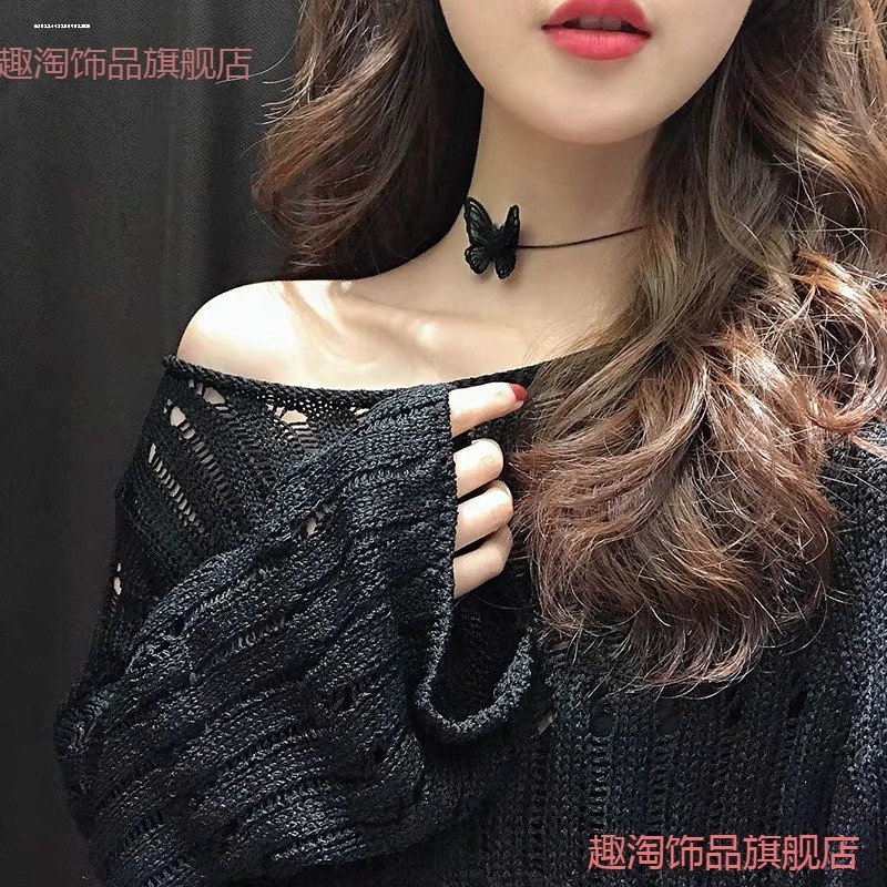 新品黑色蝴蝶结项链女绑带蕾丝颈链脖子配饰锁骨链玫瑰项圈Xchoke