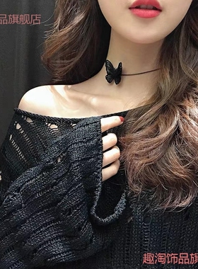 新品黑色蝴蝶结项链女绑带蕾丝颈链脖子配饰锁骨链玫瑰项圈Xchoke