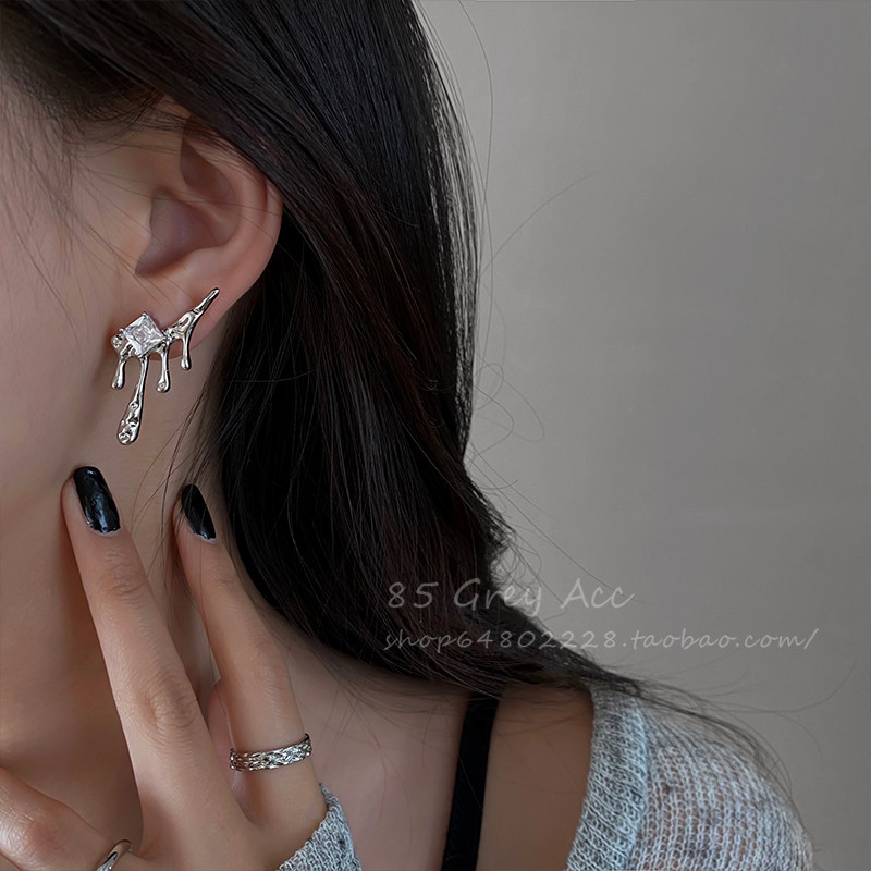 新品85度灰钛钢水滴锆石耳环女S925银针轻奢耳钉冷淡风高级感网红