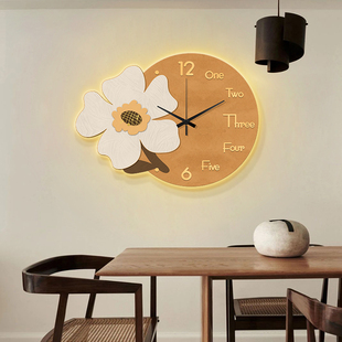 饰画 餐厅壁画20g23新款 花卉挂钟组合时钟led灯画客厅沙发背墙装