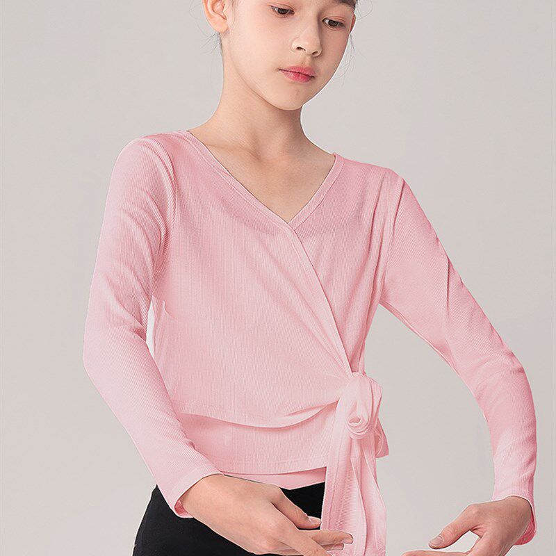 小众高货儿童舞蹈衣服螺纹棉系带上衣女童中国舞芭蕾舞练功服长袖