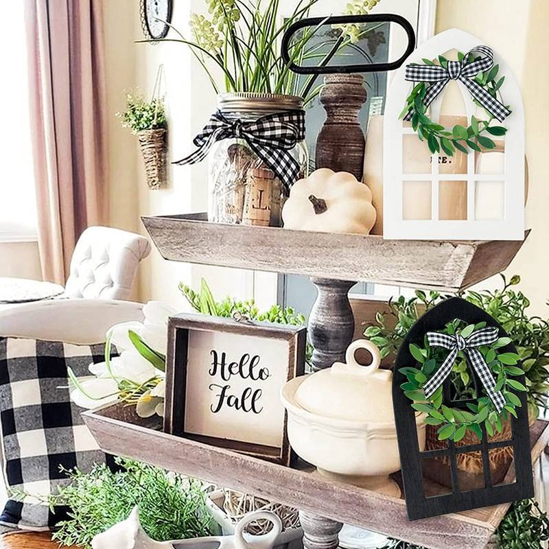 推荐4 Pcs Wooden Farmhouse Window Tiered Tray Decoration &am