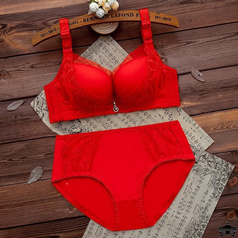 大红色内衣套装本命年结婚新娘文胸女无钢圈加厚小胸聚拢胸罩上托