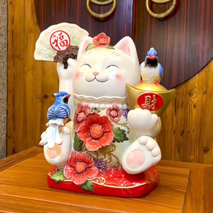 吉祥对鸟 饰品喜鹊桃花新中式 招财猫摆件家居装 陶瓷大号蓝凤日式