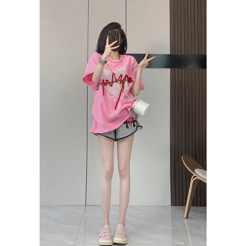 潮牌休闲宽松大码t恤女2023夏新款纯棉短袖设计感小众中长款上衣
