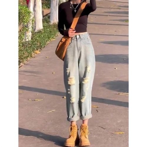 破洞牛仔裤女夏季2023年新款宽松高腰薄款萝卜九分直筒哈伦裤子女