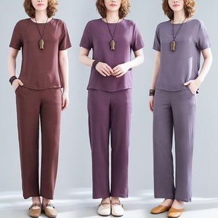 棉绸套装女夏季中老年妈妈夏装睡衣时尚外穿可出门休闲绵绸家居服