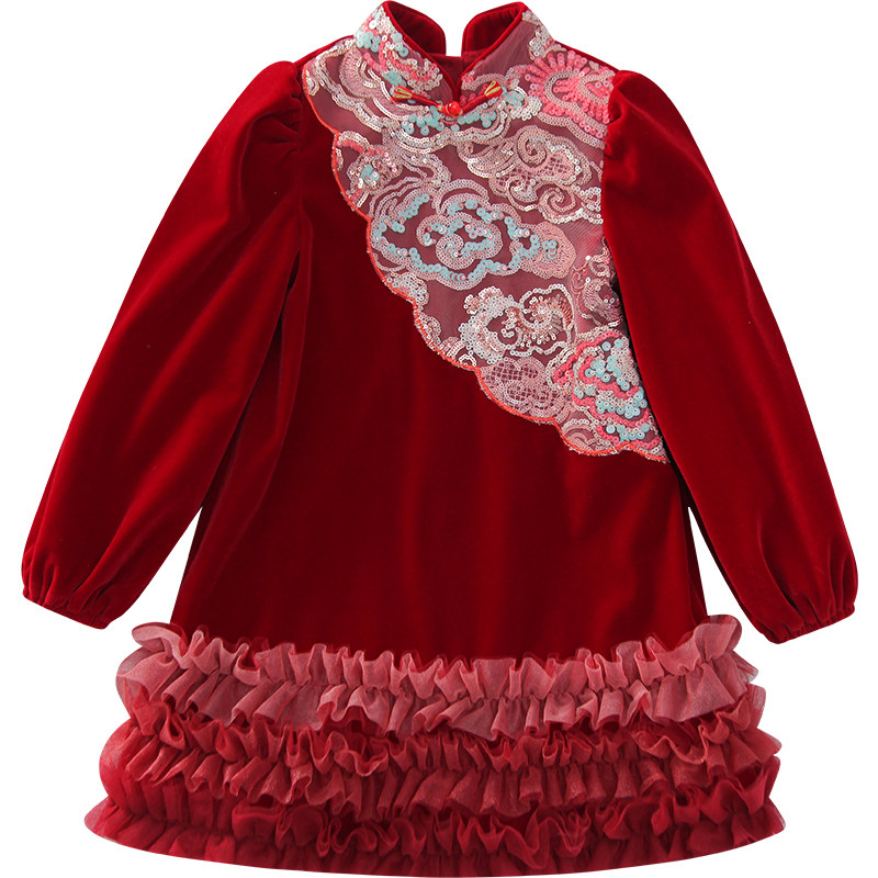 女童中国风洋e装加绒冬装2023新款洋派儿童红色公主裙女孩拜年服