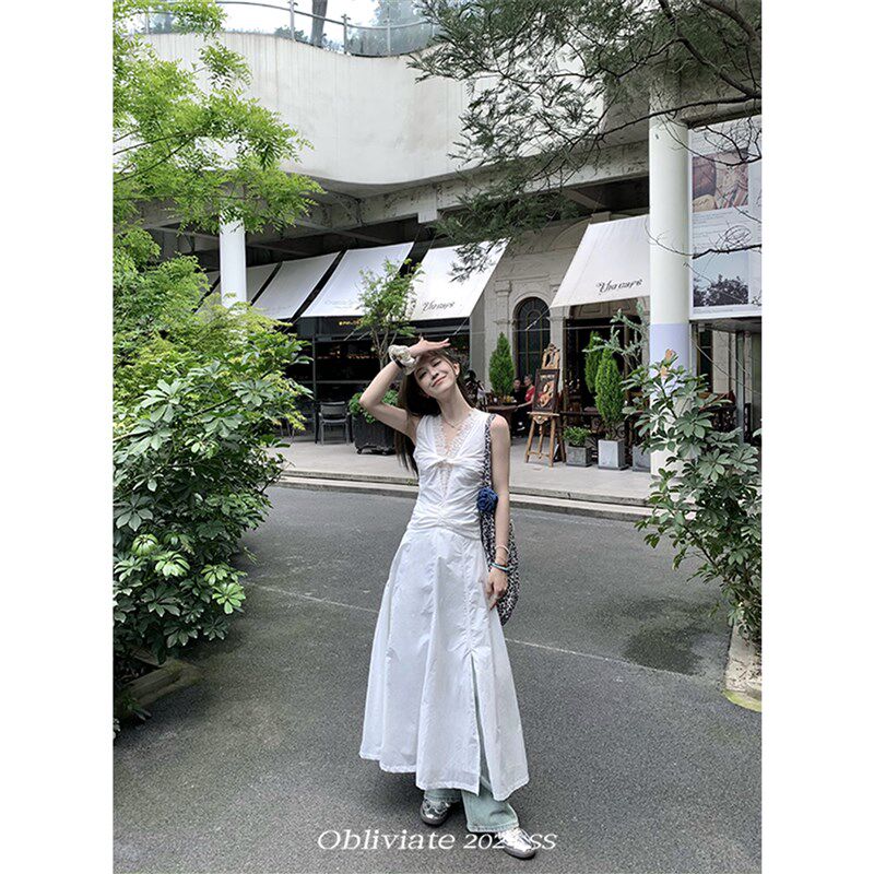 一忘皆空/罗马许愿池’45棉V领蕾丝连衣L裙女夏季法式a字长款裙子