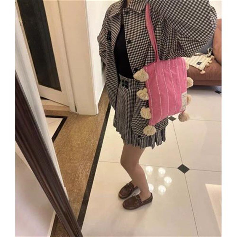 流苏松弛感森系帆布包大容量时尚百搭单肩包新款粉色条纹腋下包女