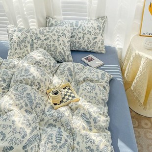 母婴级A类水洗棉麻四件套复古碎花风双层纱全棉床上用品宿舍3件套