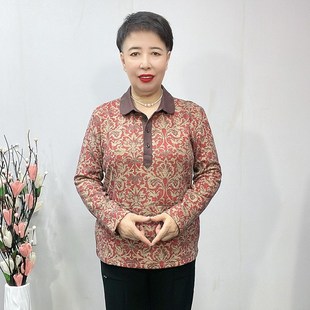 休闲冬 加绒保暖T恤中年N女士上衣大码 602中老年妈妈装 小翻领长袖