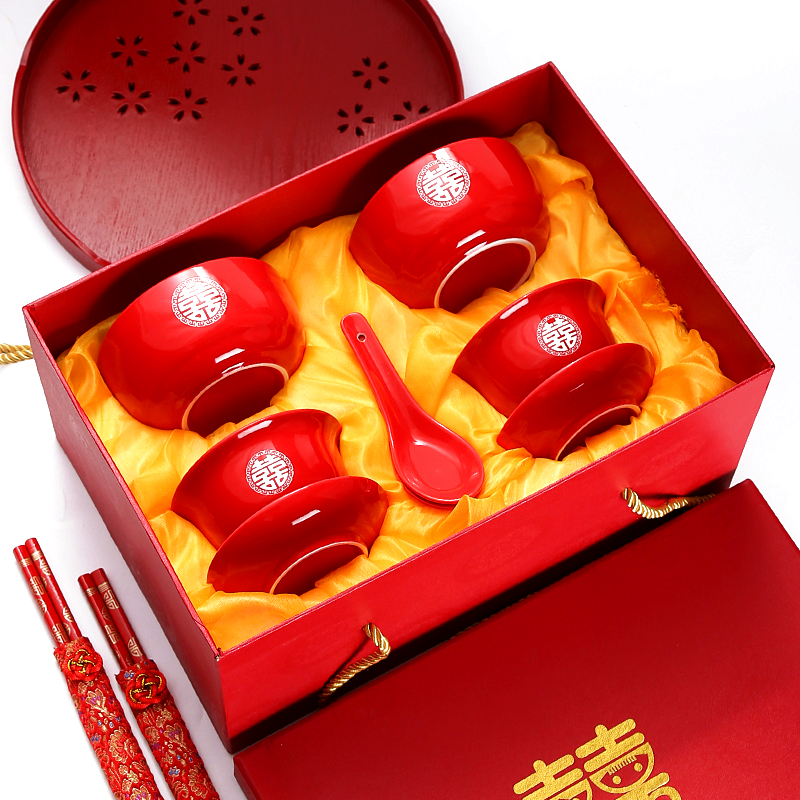 中国风磨砂结婚红色碗筷敬茶杯婚庆礼品盖碗陶瓷色釉茶碗女方陪嫁