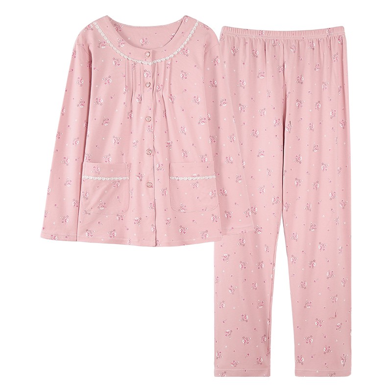 长袖纯棉秋季睡衣中年妇女秋季开衫妈妈套装中老年春秋休闲家居服