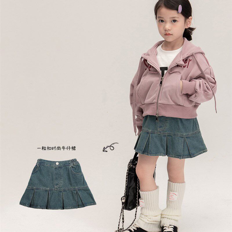 新品儿童2024新品辣妹风高腰百褶牛仔半身裙女童宝宝春款百搭包臀