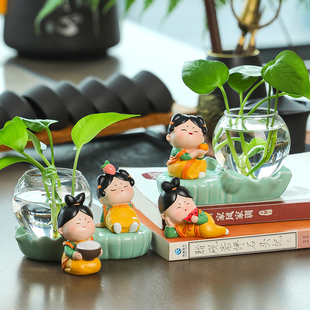 卡通唐仕女家居i新中式 小摆件茶宠可爱绿萝水培花公室桌面摆设