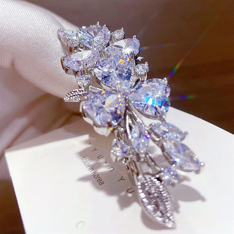 银色锆石镶钻花朵刘海侧边夹一字弹簧发夹后脑勺发卡头卡子横顶夹