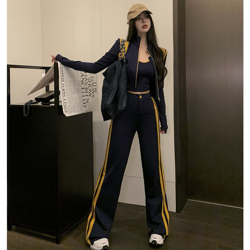 酷帅辣妹三件套女秋冬撞色立领短外套+背心+高腰显瘦运动长裤套装
