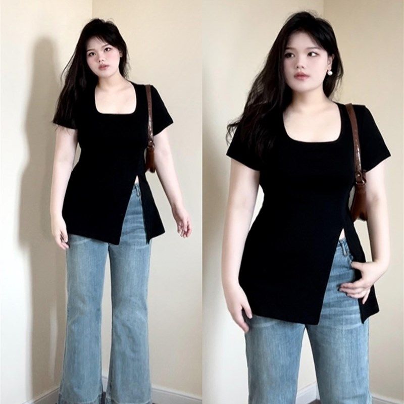 大码胖mm设计感开叉方领短袖t恤女夏季新款收腰显瘦韩系小上衣潮,女装/女士精品,大码内搭,淘宝优惠券,粉丝福利购,淘宝优惠卷