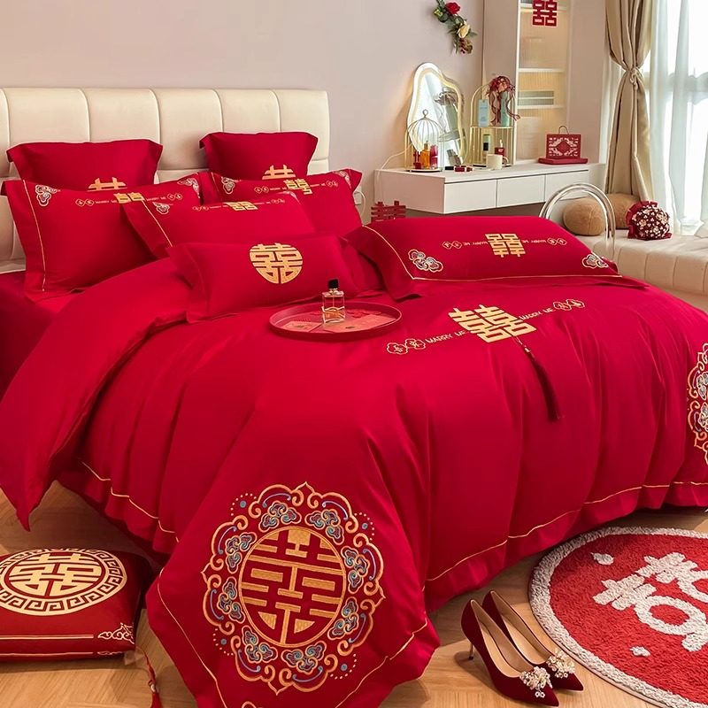 中式刺绣结婚四件套大红色婚房被套全棉婚庆床上用品六件套,床上用品,婚庆床品套件,淘宝优惠券,粉丝福利购,淘宝优惠卷