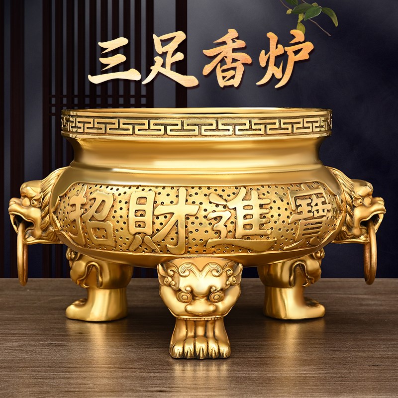 铜香炉黄铜兽耳三足炉特大号家用祠堂寺院供奉双龙鼎佛具
