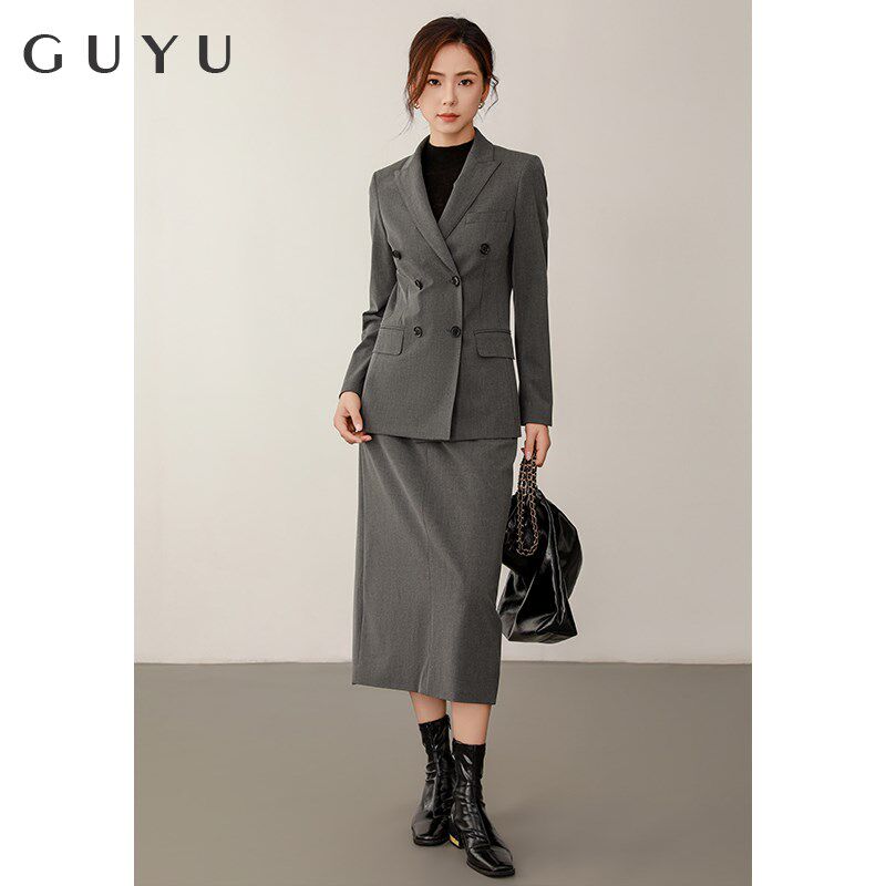 灰色西装套装女春秋公务员职x业套裙正装工作服高端面试小西服外
