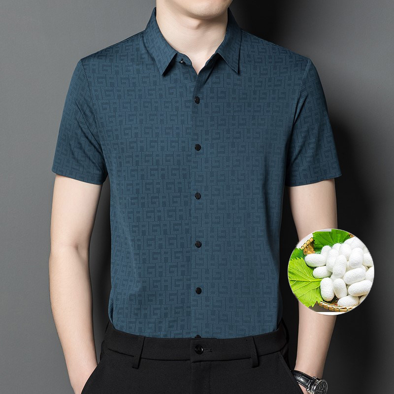 桑蚕丝短袖衬衫男夏季薄款中年男士寸衫商务休闲免烫冰丝潮牌衬衣