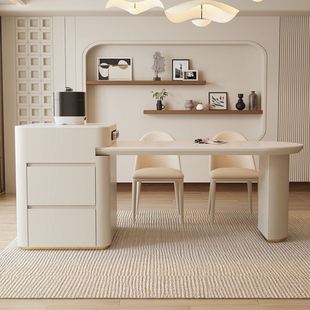 法式 奶油风书桌岛台弧形餐桌桌子可伸缩饭厅简约岩板家用现代卧室