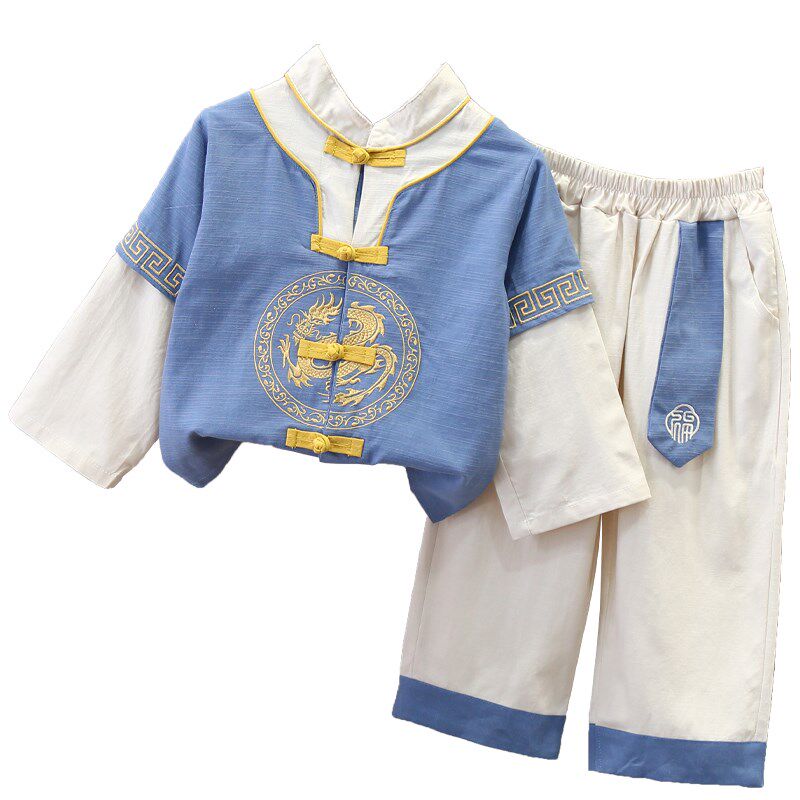新品男童汉服春装2024新款宝宝周岁衣服春秋男孩唐装帅气儿童古风