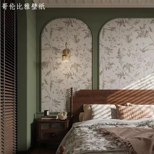 法式复古卧室背景墙壁纸美式墙纸花鸟卧室墙布中古南洋风定制壁画