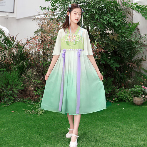 现货高端胖女童汉服儿童夏装加肥加大短J袖连衣裙中国风少女古装
