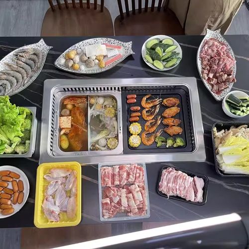 火锅烧烤一体桌商用无烟净化烤涮一体锅 实木火锅桌电磁炉一体