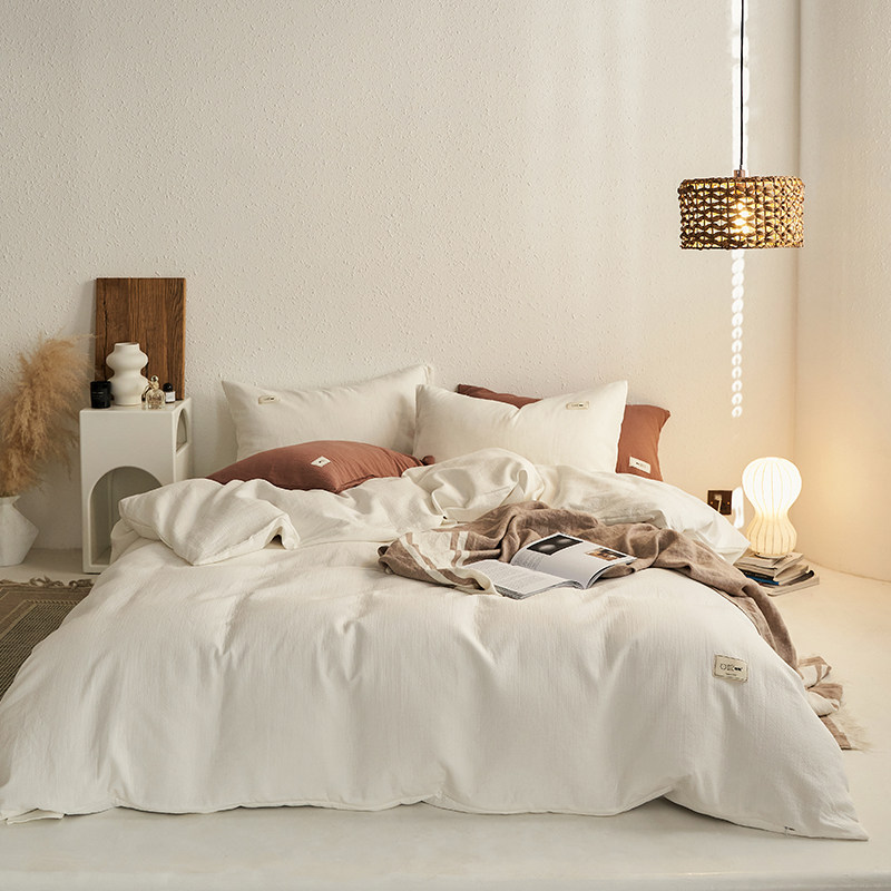 高级全棉素色四件套简约设计款水洗纱布提花床上用品四季白色,床上用品,床品套件/四件套/多件套,淘宝优惠券,粉丝福利购,淘宝优惠卷