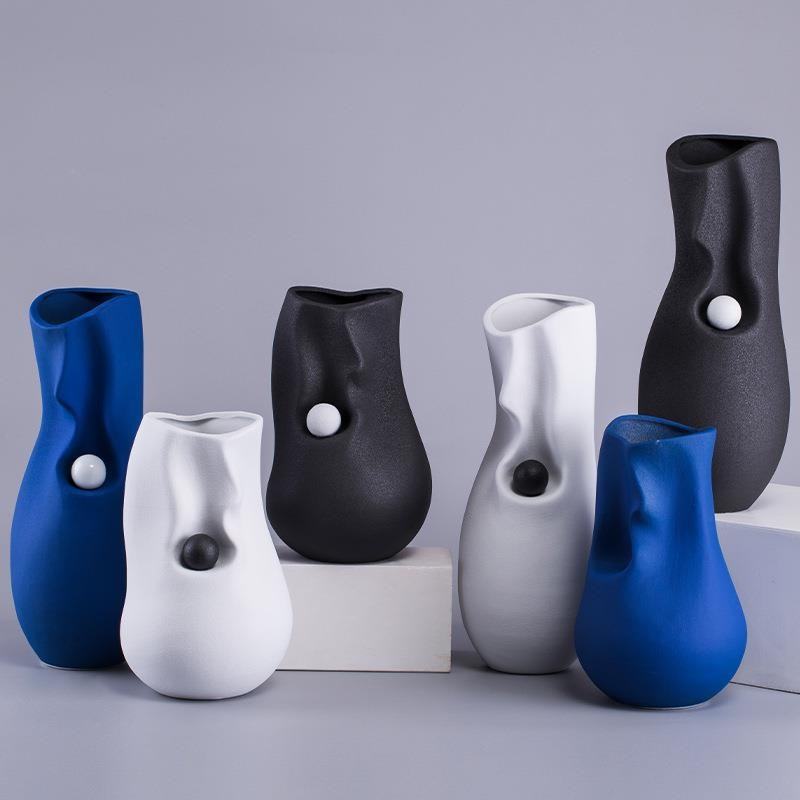 北欧轻奢莫兰迪褶皱花瓶摆件陶瓷插花器客厅电视柜玄关餐桌装饰品