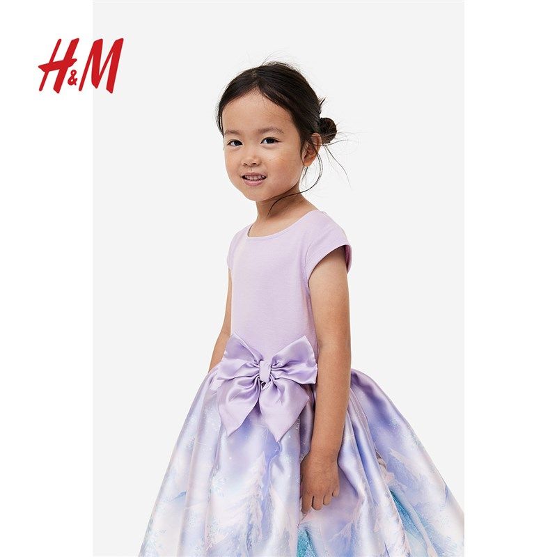 厂家【冰雪奇缘系列】HM童装女童洋装春秋H印花蝴蝶结喇叭裙08927
