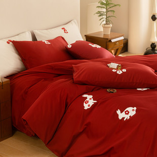 100支新疆长绒棉四件套婚庆纯棉结婚兔年大红色1.8m被套床上用品