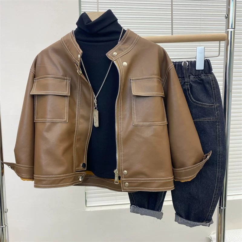 2024春秋款外套男n童韩系时髦修身儿童夹克中小童机车PU皮帅气皮