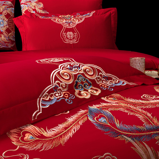 结婚全棉刺绣床上用品四件套婚庆红色婚房喜被床单被套大红色婚礼