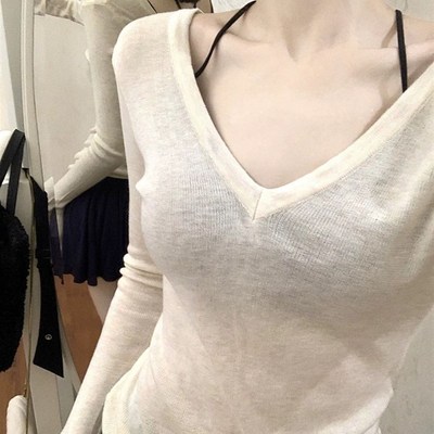 大码胖妹妹芭蕾风针织T恤女春夏薄款透视防O晒罩衫长袖打底衫上衣